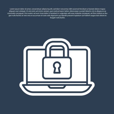 Mavi çizgi dizüstü bilgisayar ve kilit simgesi mavi arkaplanda izole edildi. Bilgisayar ve asma kilit. Güvenlik, güvenlik, koruma kavramı. Güvenli bir ağ. Vektör.
