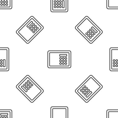 Gri çizgi güvenli simgesi beyaz arka planda kusursuz desen izole etti. Kapı, şifreli bir banka kasası. Güvenilir Veri Koruma. Vektör.