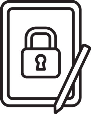 Siyah çizgi grafiksel tablet beyaz arkaplanda izole edilmiş asma kilit simgesi. Kilitli telefon. Gezici güvenlik, güvenlik, koruma konsepti. Vektör.