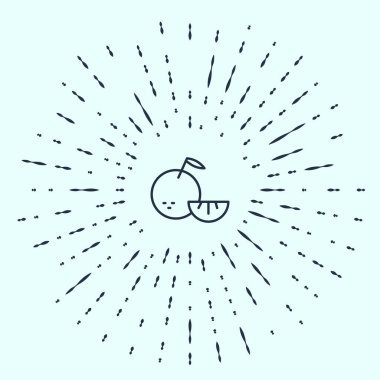 Gri arkaplanda siyah çizgi Citrus meyve ikonu izole edildi. Kesik içinde portakal. Sağlıklı bir yaşam tarzı. Soyut çember rastgele noktalar. Vektör.