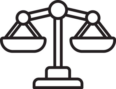 Beyaz arka planda izole edilmiş siyah ölçekli adalet simgesi. Hukuk mahkemesi sembolü. Denge tabelaları. Vektör..