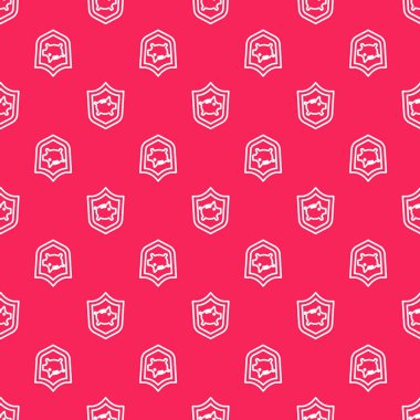 Beyaz çizgi domuz kumbarası, kalkan ikonu, kırmızı arka planda izole edilmiş kusursuz desen. Para biriktirmek ya da biriktirmek, yatırım. Sigorta konsepti. Vektör..