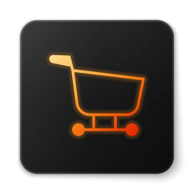 Beyaz arka planda turuncu parlak neon alışveriş arabası simgesi izole edilmiş. Yiyecek dükkanı, süpermarket. Siyah kare düğme. Vektör İllüstrasyonu.