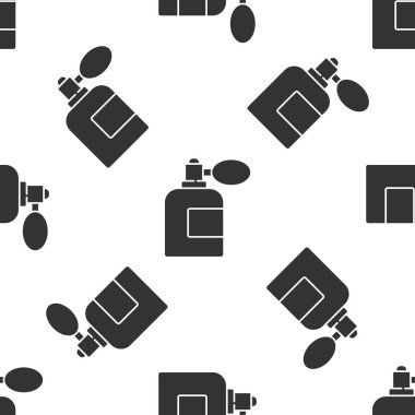 Atom ikonlu gri tıraş losyonu beyaz arka planda izole edilmiş kusursuz desen. Parfüm spreyi ikonu. Erkek parfüm şişesi. Vektör İllüstrasyonu.