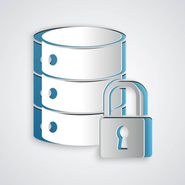 Kağıt kesme Sunucu güvenliği, gri arkaplanda kapalı asma kilit simgesi var. Güvenlik, güvenlik, koruma kavramı. Kağıt sanatı tarzı. Vektör İllüstrasyonu.