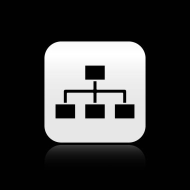 Siyah İş Hiyerarşisi organizogram grafik bilgi simgesi siyah arkaplanda izole edildi. Kurumsal yapı elementleri. Gümüş kare düğme. Vektör İllüstrasyonu.