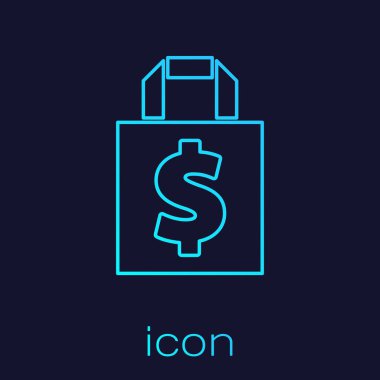 Mavi arka planda turkuaz şerit ve dolar sembolü izole edilmiş. El çantası işareti. Kadın çanta ikonu. Kadın el çantası işareti. Vektör İllüstrasyonu.