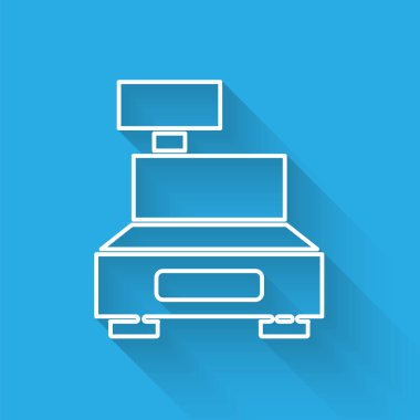 Uzun gölgeli bir çek simgesi olan beyaz çizgi yazar kasa. Kasiyer tabelası. Tabut sembolü. Vektör İllüstrasyonu.