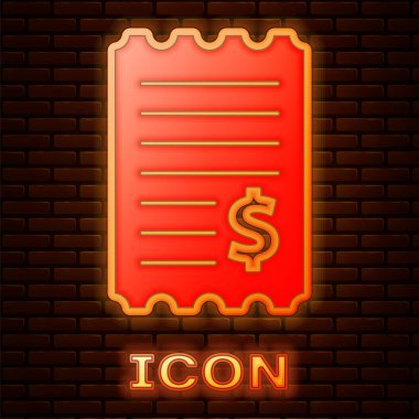 Parlayan neon kâğıt kontrolü ve finansal kontrol simgesi tuğla duvar arkasında izole edilmiş. Kağıt baskı çeki, makbuz ya da fatura. Vektör İllüstrasyonu.