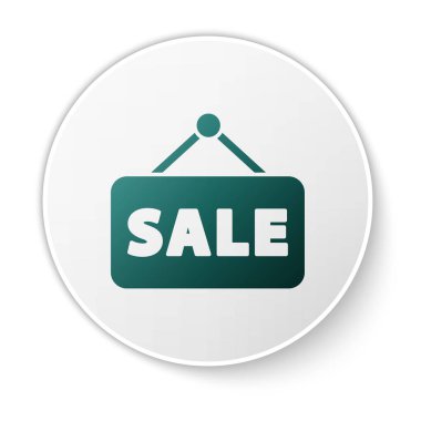 Beyaz arkaplanda izole edilmiş metin satışı simgesi olan yeşil asma işareti. Mesaj indirimli tabela. Beyaz daire düğmesi. Vektör İllüstrasyonu.