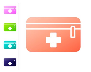 Mercan ilk yardım çantası simgesi beyaz arka planda izole edildi. Haçlı sağlık kutusu. Acil durumlar için tıbbi ekipman. Sağlık sigortası konsepti. Renk simgelerini ayarla. Vektör İllüstrasyonu.