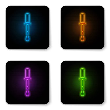 Parlayan neon Pipette simgesi beyaz arkaplanda izole edildi. Tıbbi elementler, kimya laboratuarı ekipmanları. Damlalı boru. Tıp sembolü. Siyah kare düğme. Vektör İllüstrasyonu.