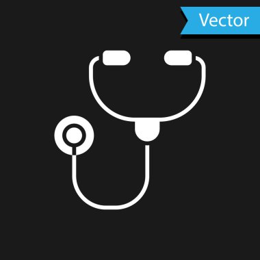 Beyaz steteskop tıbbi alet simgesi siyah arka planda izole edildi. Vektör İllüstrasyonu.