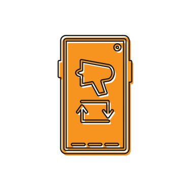 Portakal kelimesini yay, cep telefonu simgesi üzerine megafon beyaz arka planda izole edilmiş. Vektör İllüstrasyonu.