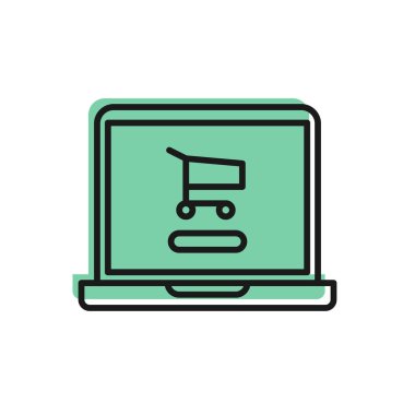 Ekran dizüstü bilgisayarındaki siyah çizgi alışveriş arabası beyaz arka planda izole edilmiş. Konsept e-ticaret, e-ticaret, online iş pazarlama. Vektör İllüstrasyonu.