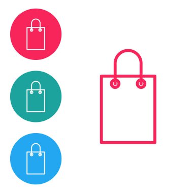 Kırmızı çizgi kağıttan alışveriş poşeti simgesi beyaz arkaplanda izole edildi. Paket işareti. Simgeleri daire düğmelerine ayır. Vektör İllüstrasyonu.