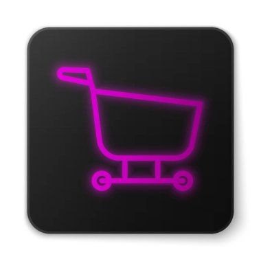 Parlayan neon hattı alışveriş arabası simgesi beyaz arka planda izole edildi. Yiyecek dükkanı, süpermarket. Siyah kare düğme. Vektör İllüstrasyonu.