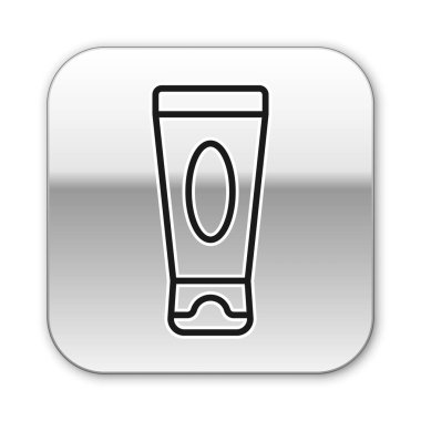 Beyaz arka planda siyah çizgi kremi ya da losyon kozmetik tüp ikonu izole edilmiş. Erkekler için vücut bakım ürünleri. Gümüş kare düğme. Vektör İllüstrasyonu.