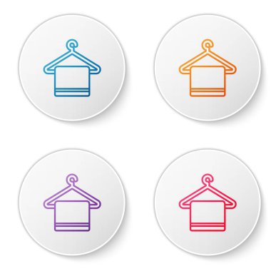 Beyaz arkaplanda izole edilmiş bir askı simgesi üzerindeki renk çizgisi havlusu. Banyo havlusu ikonu. Simgeleri daire düğmelerine ayır. Vektör İllüstrasyonu.