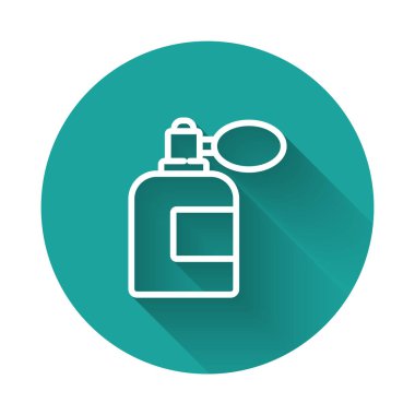 Beyaz çizgi tıraş losyonu şişesi ve uzun gölgeli bir atom ikonu. Parfüm spreyi ikonu. Erkek parfüm şişesi. Yeşil daire düğmesi. Vektör İllüstrasyonu.