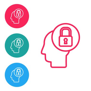 Beyaz arka planda kilit simgesi olan kırmızı çizgi insan kafası. Simgeleri daire düğmelerine ayır. Vektör İllüstrasyonu.