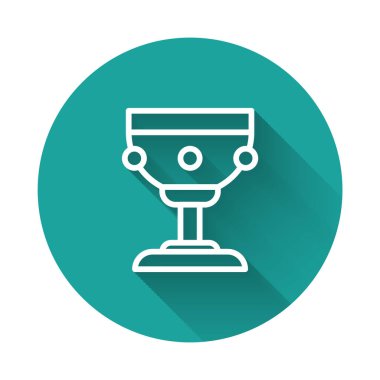 Beyaz çizgi Hıristiyan kadeh ikonu uzun gölgeli izole edilmiş. Hıristiyanlık ikonu. Mutlu Paskalyalar. Yeşil daire düğmesi. Vektör İllüstrasyonu.