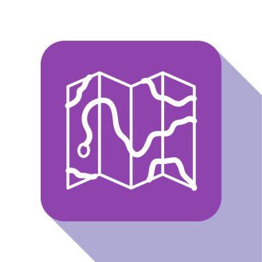 Ormanın beyaz çizgi konumu beyaz arka planda izole edilmiş bir harita simgesi üzerinde. Mor kare düğme. Vektör İllüstrasyonu.