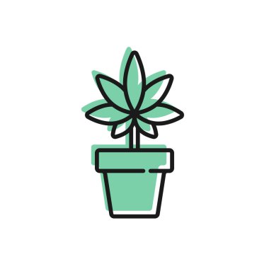 Siyah çizgi. Tıbbi marihuana veya esrar bitkisi. Beyaz arka planda izole edilmiş bir esrar ikonu. Esrar yetiştirme konsepti. Kenevir saksısı. Vektör İllüstrasyonu.