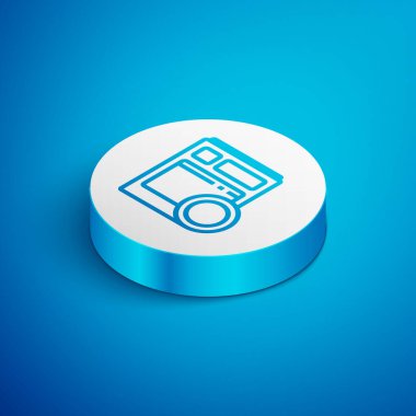 Isometric line Kitchen bulaşık makinesi simgesi mavi arka planda izole edildi. Beyaz daire düğmesi. Vektör İllüstrasyonu.