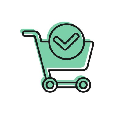 Siyah çizgili alışveriş arabası beyaz arkaplanda işaretleme simgesi var. Süpermarket sepeti onaylandı, onaylandı, tik takıldı, tamamlandı. Vektör İllüstrasyonu.