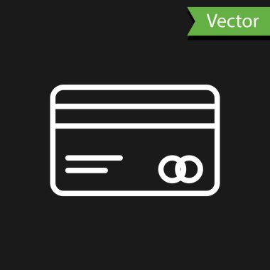 Beyaz çizgi kredi kartı simgesi siyah arkaplanda izole edildi. Çevrimiçi ödeme. Nakit çekilmesi. Finansal operasyonlar. Alışveriş tabelası. Vektör İllüstrasyonu.