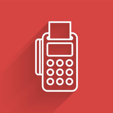 Beyaz çizgi POS terminali, eklenen kredi kartı ve uzun gölgeli basılı alıcı simgesi. NFC ödeme konsepti. Vektör İllüstrasyonu.