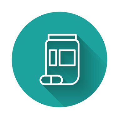 Beyaz çizgi ilaç şişesi ve uzun gölgeli ilaç ikonu. Şişe hapı işareti. Eczane tasarımı. Yeşil daire düğmesi. Vektör İllüstrasyonu.