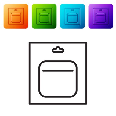 Beyaz arkaplanda izole edilmiş paket simgesindeki siyah çizgi pil. Şimşek sembolü. Renkli kare düğmelerle simgeleri ayarla. Vektör İllüstrasyonu.