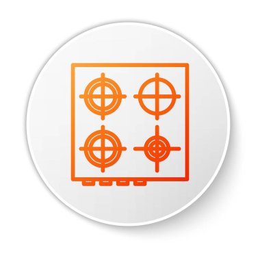 Beyaz arkaplanda turuncu çizgi gazlı soba simgesi izole edildi. Mutfak tabelaları. Dört daire ocağı olan bir hob. Beyaz daire düğmesi. Vektör İllüstrasyonu.