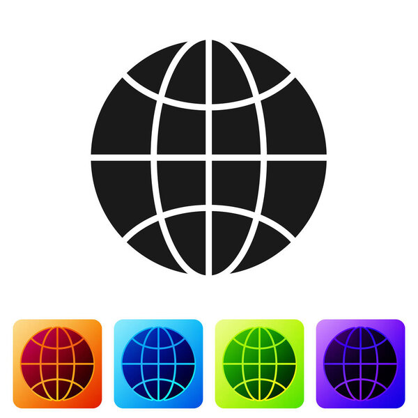 Black Worldwide icon isolated on white background. Pin on globe. Set icons in color square buttons. Vector Illustration.