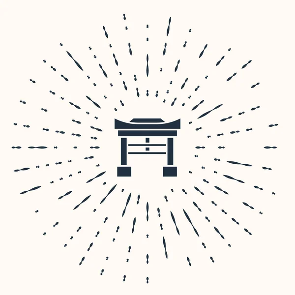 ベージュ地にグレージャパンゲートのアイコンが孤立 鳥居の看板 日本の伝統的な門のシンボル 抽象円のランダムなドット ベクターイラスト — ストックベクタ