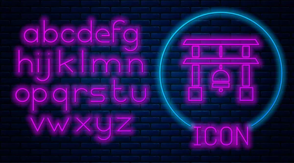 Gloeiende Neon Japan Gate Icoon Geïsoleerd Bakstenen Muur Achtergrond Torii — Stockvector