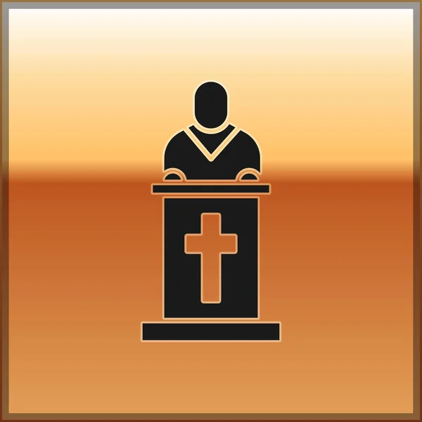 Czarny Kościół Pastor Głoszący Ikonę Złotym Tle Ilustracja Wektora — Wektor stockowy