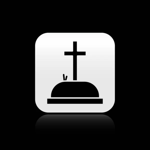 Black Tombstone Cross Icon Isolated Black Background Grave Icon Silver — Stock Vector