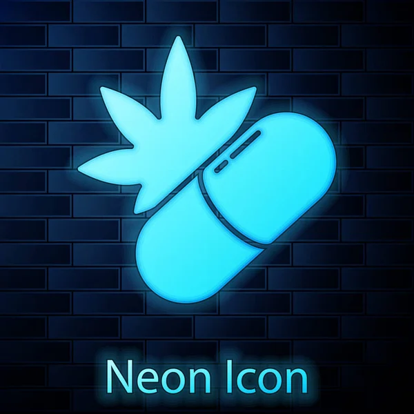 Glowing Neon Medical Pills Marijuana Cannabis Leaf Icon Isolated Brick — Stock Vector