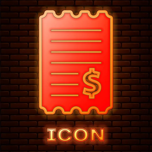 Świecący Neon Kontrola Papieru Ikona Kontroli Finansowej Izolowane Tle Cegły — Wektor stockowy
