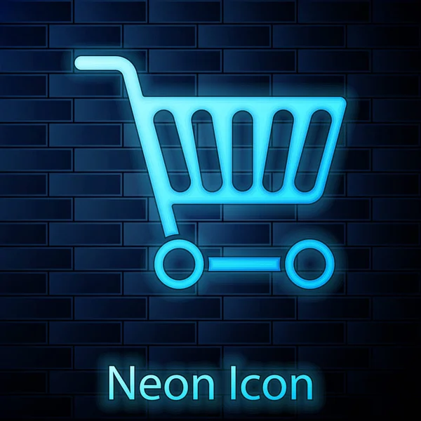 Glödande Neon Shopping Vagn Ikon Isolerad Tegel Vägg Bakgrund Nätköpskoncept — Stock vektor