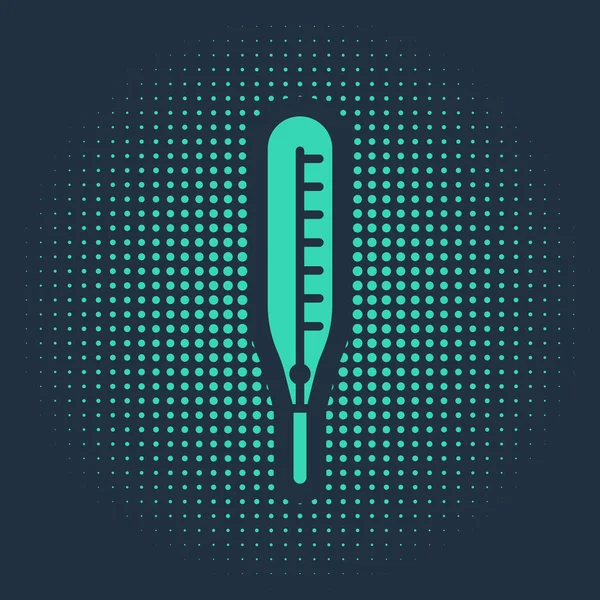 青い背景に隔離された医療検査アイコンのための緑の医療温度計 抽象円のランダムなドット ベクターイラスト — ストックベクタ