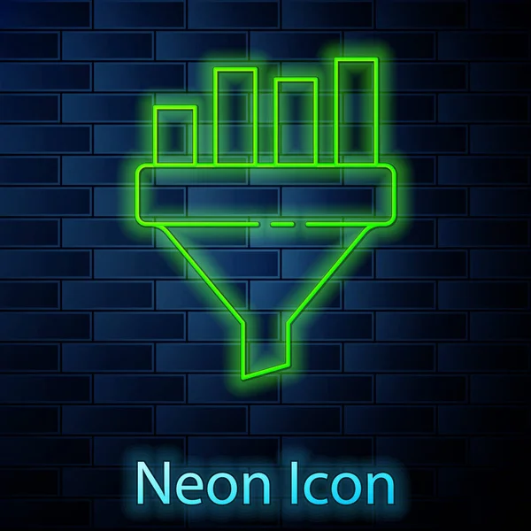 깔때기 Glowing Neon Line Sales Funnel 배경에 마케팅 스타트업 아이콘 — 스톡 벡터