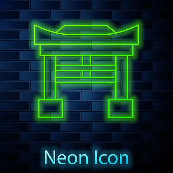 Glödande Neon Linje Japan Gate Ikonen Isolerad Tegelvägg Bakgrund Torii — Stock vektor