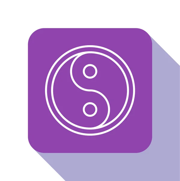 白の背景に分離調和とバランスのアイコンの白ライン陰陽シンボル 紫の四角形のボタン ベクターイラスト — ストックベクタ