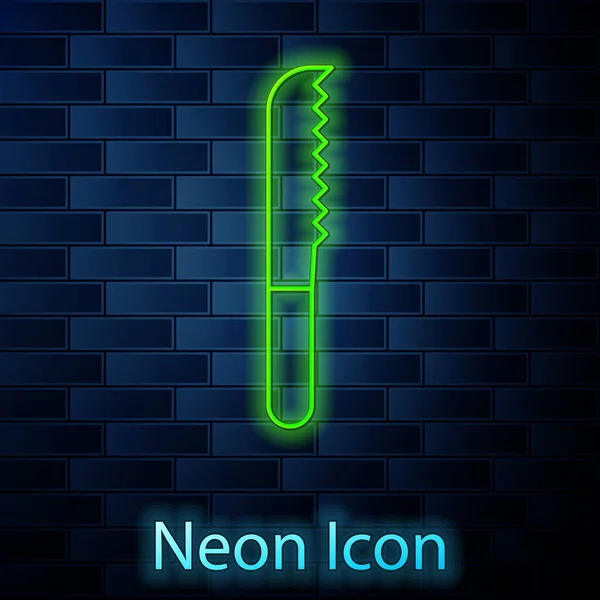 Leuchtende Neon Linie Brotmesser Symbol Isoliert Auf Backsteinwand Hintergrund Bestecksymbol — Stockvektor
