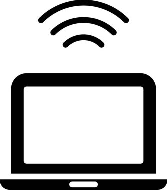 Beyaz arkaplanda siyah kablosuz dizüstü bilgisayar simgesi izole edildi. İnternet kavramının kablosuz bağlantısı. Vektör.
