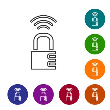 Siyah çizgi Akıllı şifreli kilit simgesi beyaz arkaplanda izole edildi. Kombinasyon asma kilit. Güvenlik, güvenlik, koruma, şifre, gizlilik. Simgeleri renk daire düğmelerine ayarla. Vektör.